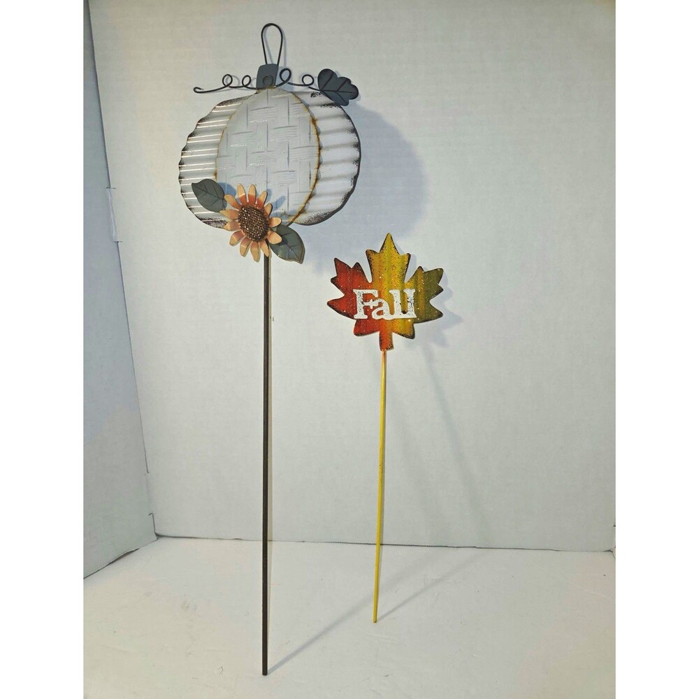 Fall Metal Yard Stake Set Pumpkin Sunflower Leaf, Multicolor 21in Porch Yard